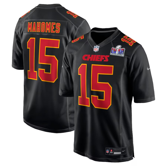 Men's Kansas City Chiefs Patrick Mahomes #15 Black Super Bowl LVIII Carbon Fashion Game Player Jersey1