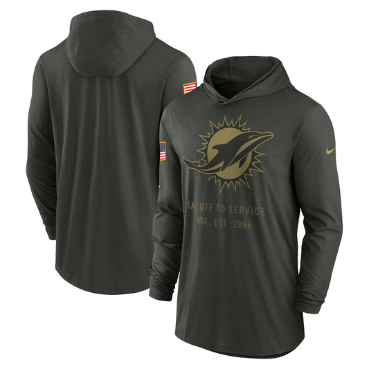 Men's Miami Dolphins Nike Forest Green 2025 Salute to Service Sideline Dri-FIT Lightweight Hooded Pullover
