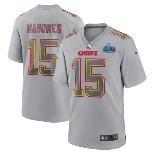 Men's Kansas City Chiefs Patrick Mahomes #15 Gray Super Bowl LVII Patch Atmosphere Fashion Game Jersey1