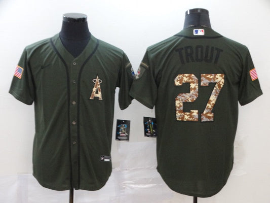 Men's Los Angeles Angels Mike Trout #27 Army Green Replica Player Jersey1