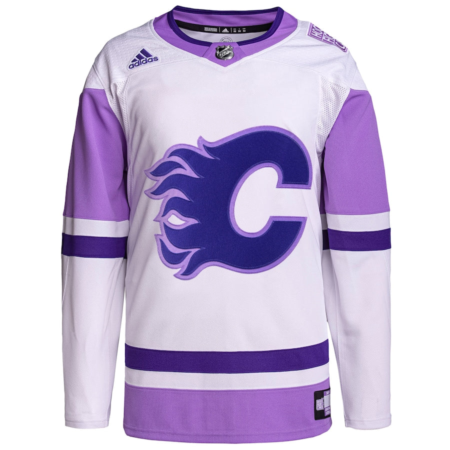Calgary Flames   Hockey Fights Cancer Primegreen   Blank Practice Jersey - White/Purple