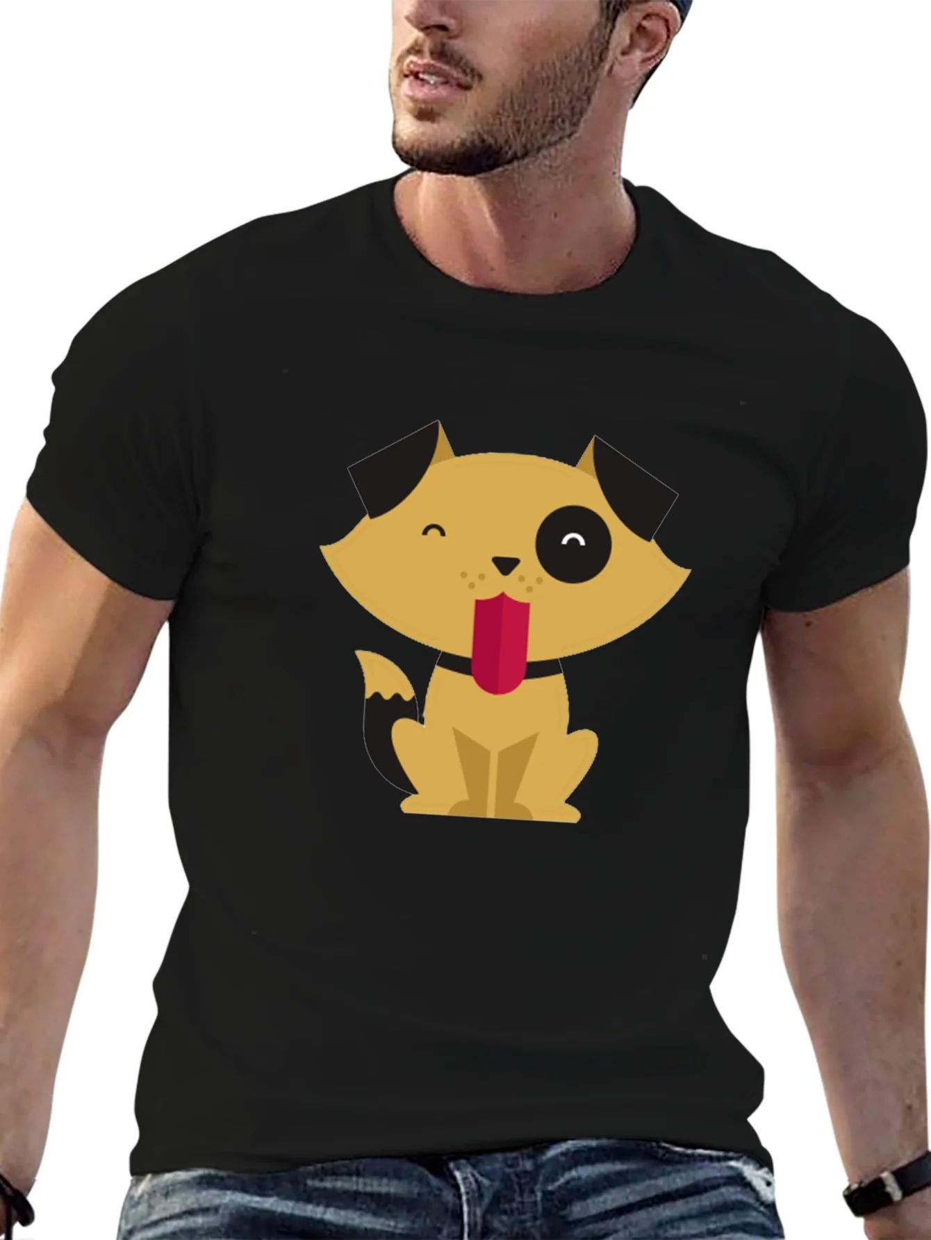Cute Cartoon Dog Graphic Tee - Black