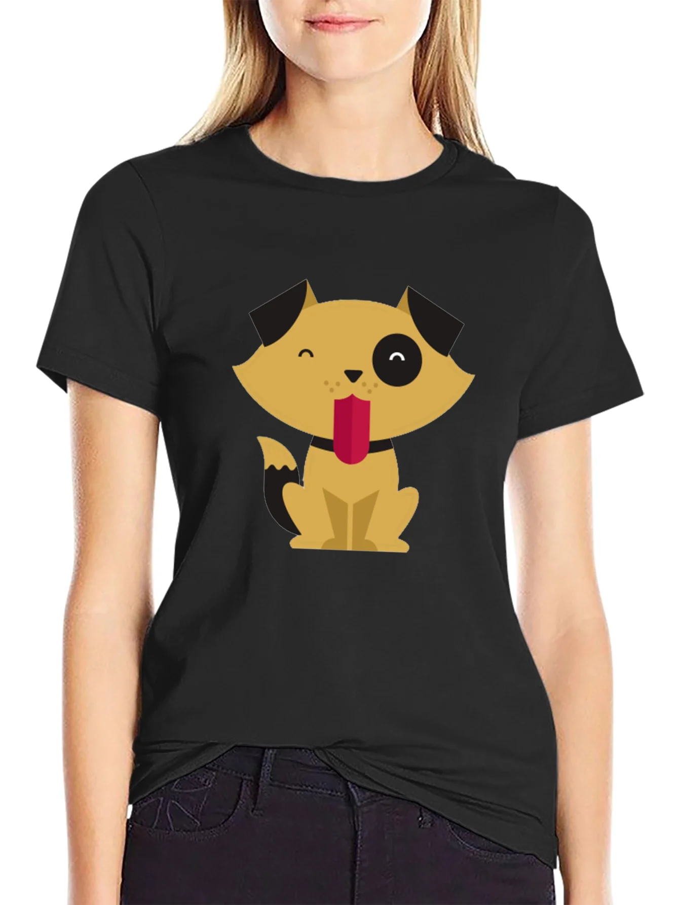 Cute Cartoon Dog Graphic Tee - Black